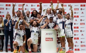 LONDON, ENGLAND - MAY 17:  The USA team lift the Cup as they celebrate winning the Cup Final match between Australia and USA in the Marriott London Sevens at Twickenham Stadium on May 17, 2015 in London, England.  (Photo by Christopher Lee/Getty Images)
